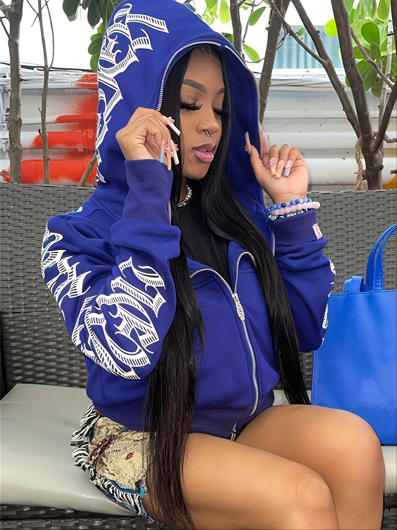 Loose Zip Up Hooded Sweatshirts Long Sleeve Top Solid Color Jacket 