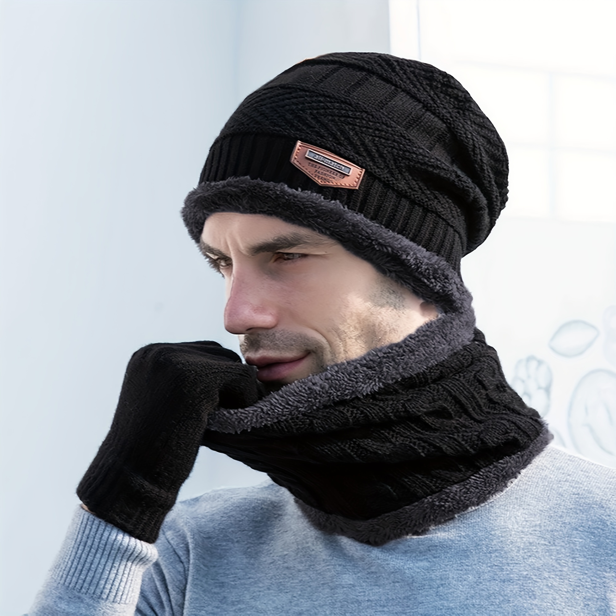 Winter Beanie Hat Scarf Touch Screen Gloves Set, Warm Fleece Knit Hats Neck Scarf Set, Winter Gifts for Women Men (Black/Gray/Blue/Red),Temu