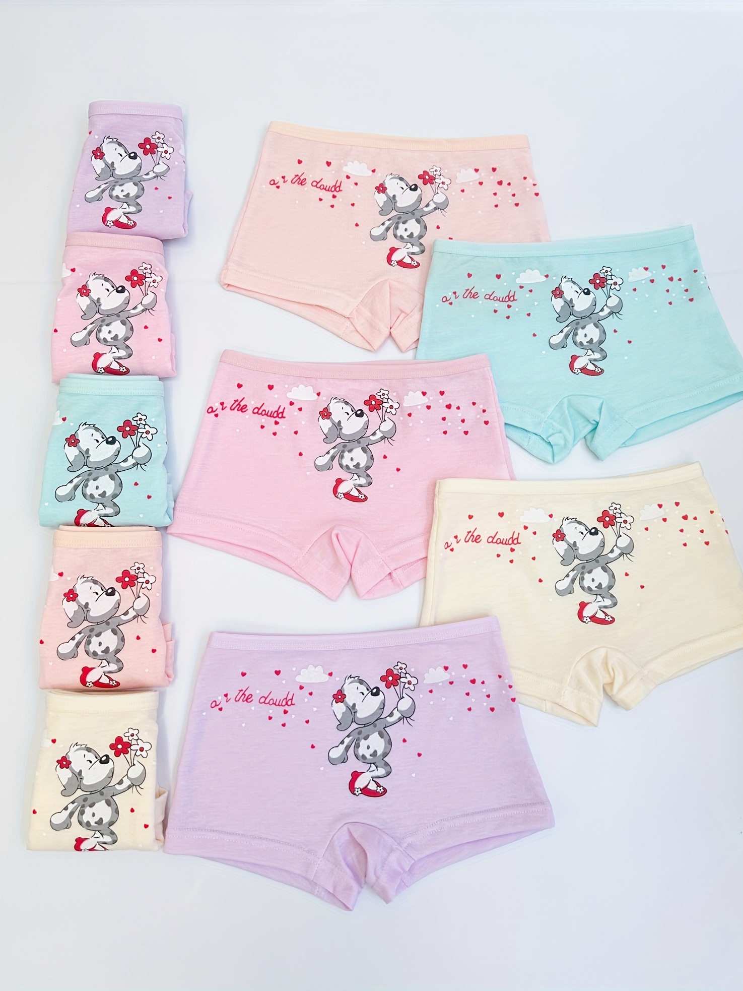 5pcs Girls Cotton Underwear, Cartoon Dogs & Heart Pattern Comfy Boxer Briefs