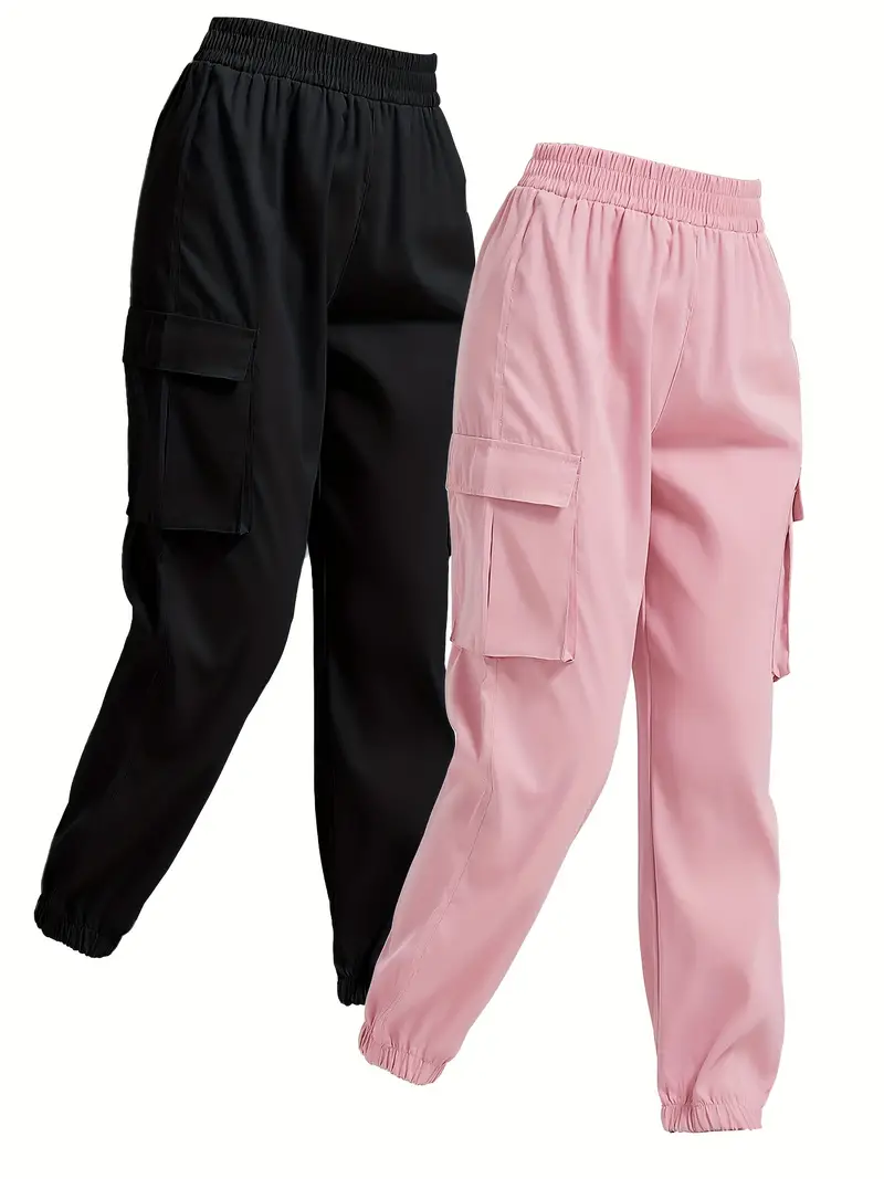 Solid Jogger Cargo Pants Casual Flap Pocket Elastic Waist - Temu