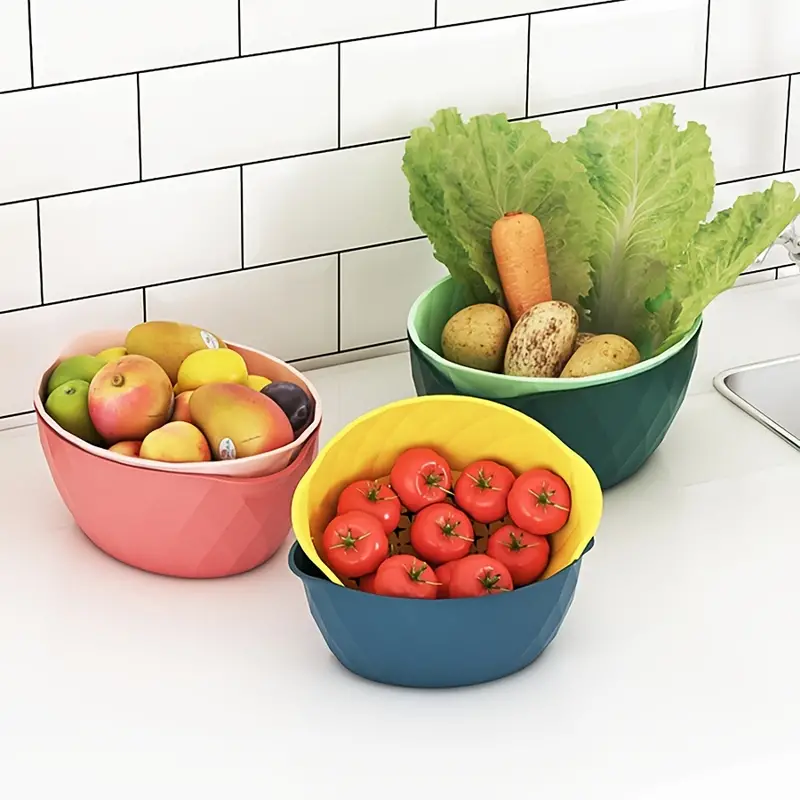1pc kitchen colander bowl pasta strainer plastic fruit bowl colanders dual layer draining bowl vegetable washing basket details 2
