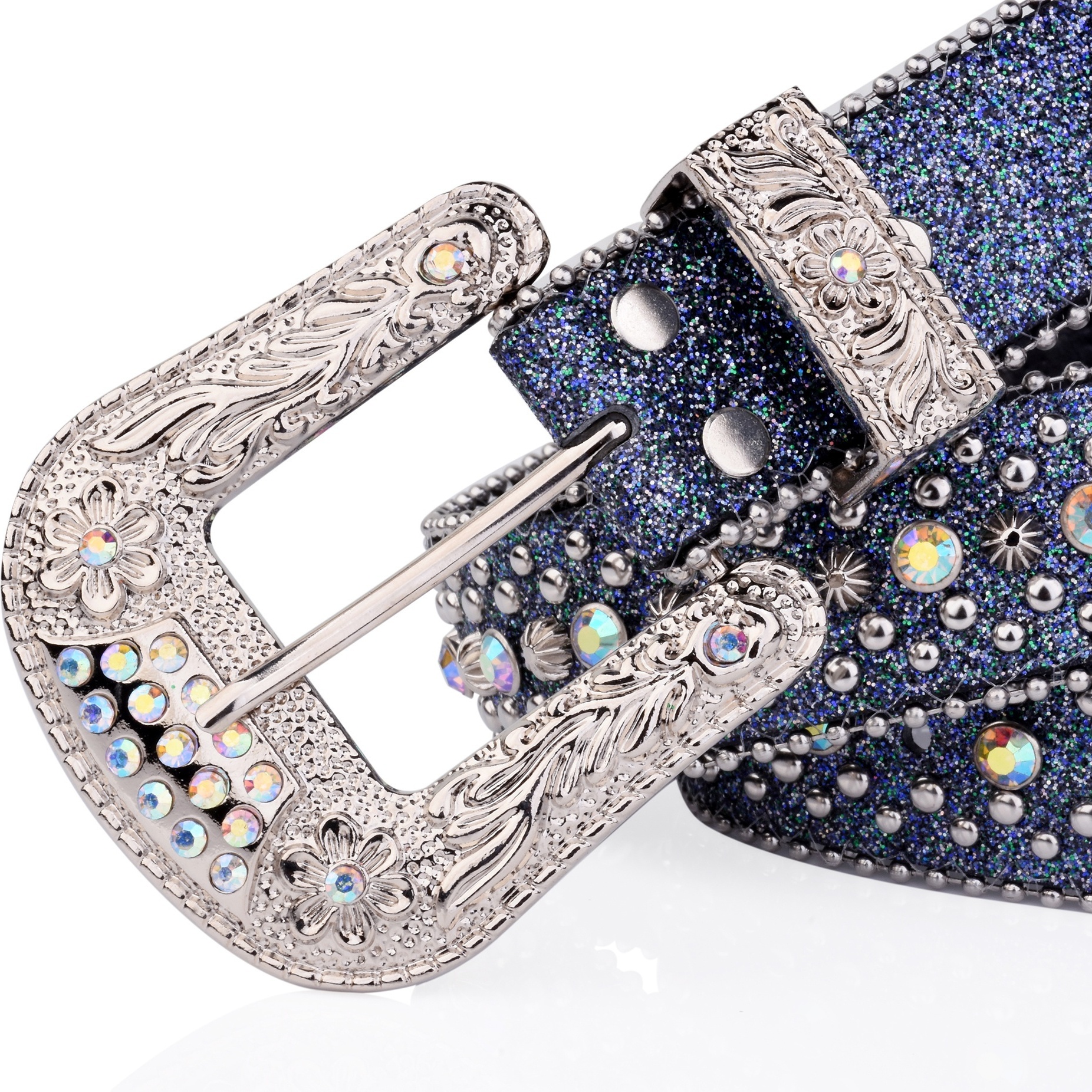 Shiny Glitter Rivet Studded Belts Vintage Rhinestone Inlaid Blue PU  Waistband Punk Jeans Pants Belts For Women