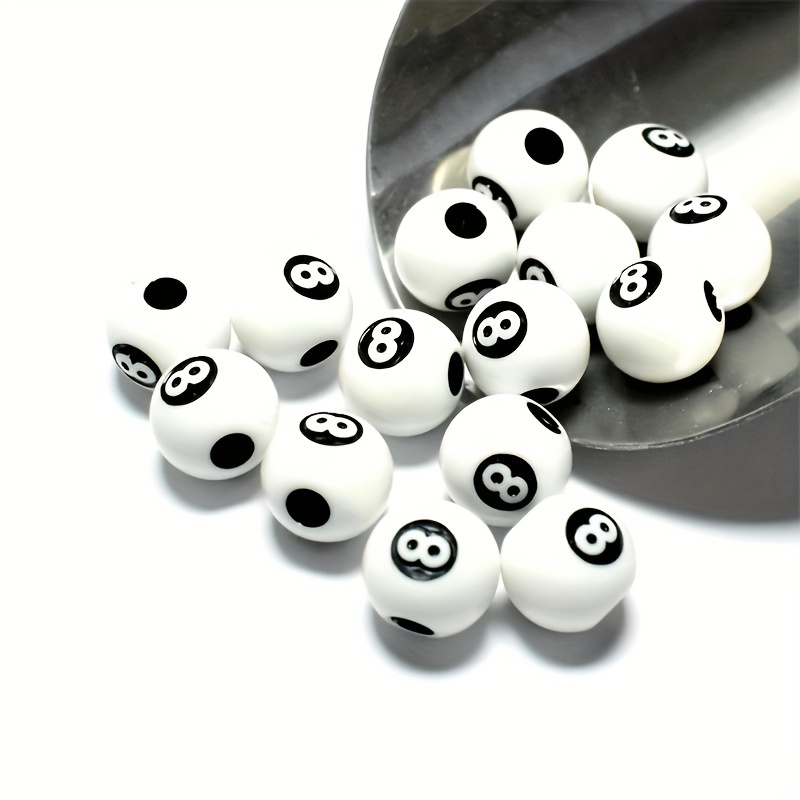 Black Opaque 12mm Round Pony Beads - White Tennis Ball Design (48pcs)