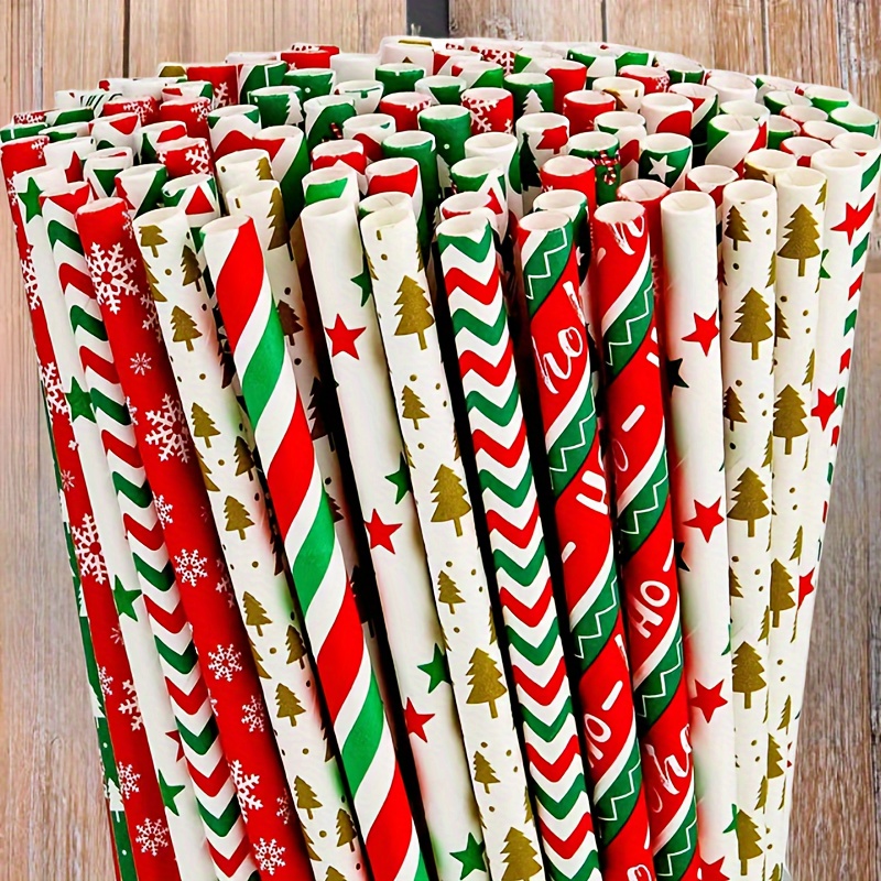 25pcs/pack, Christmas Paper Straws Santa Claus Christmas Tree