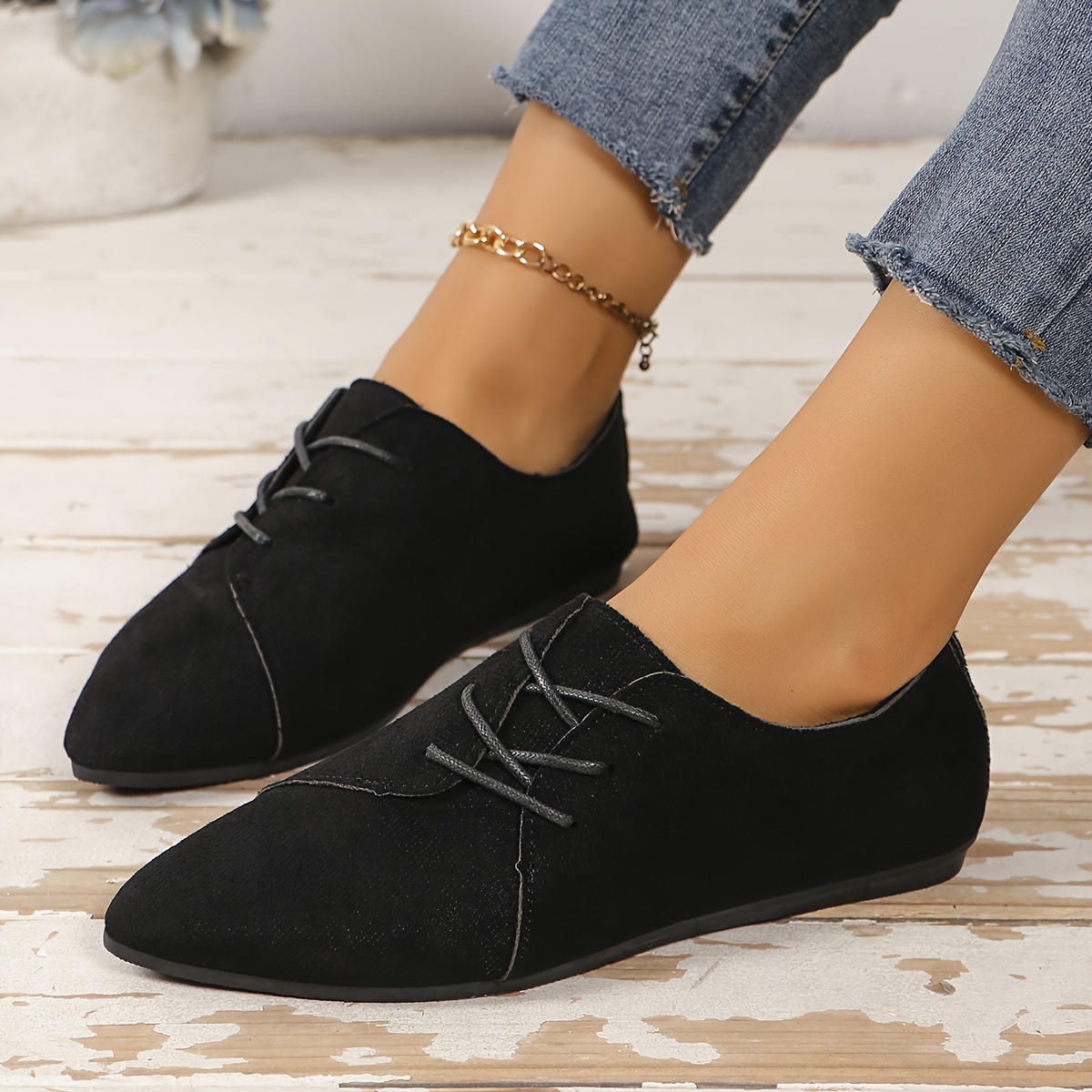 Women's Lace Flat Shoes Retro Pointed Toe Solid Color - Temu Canada