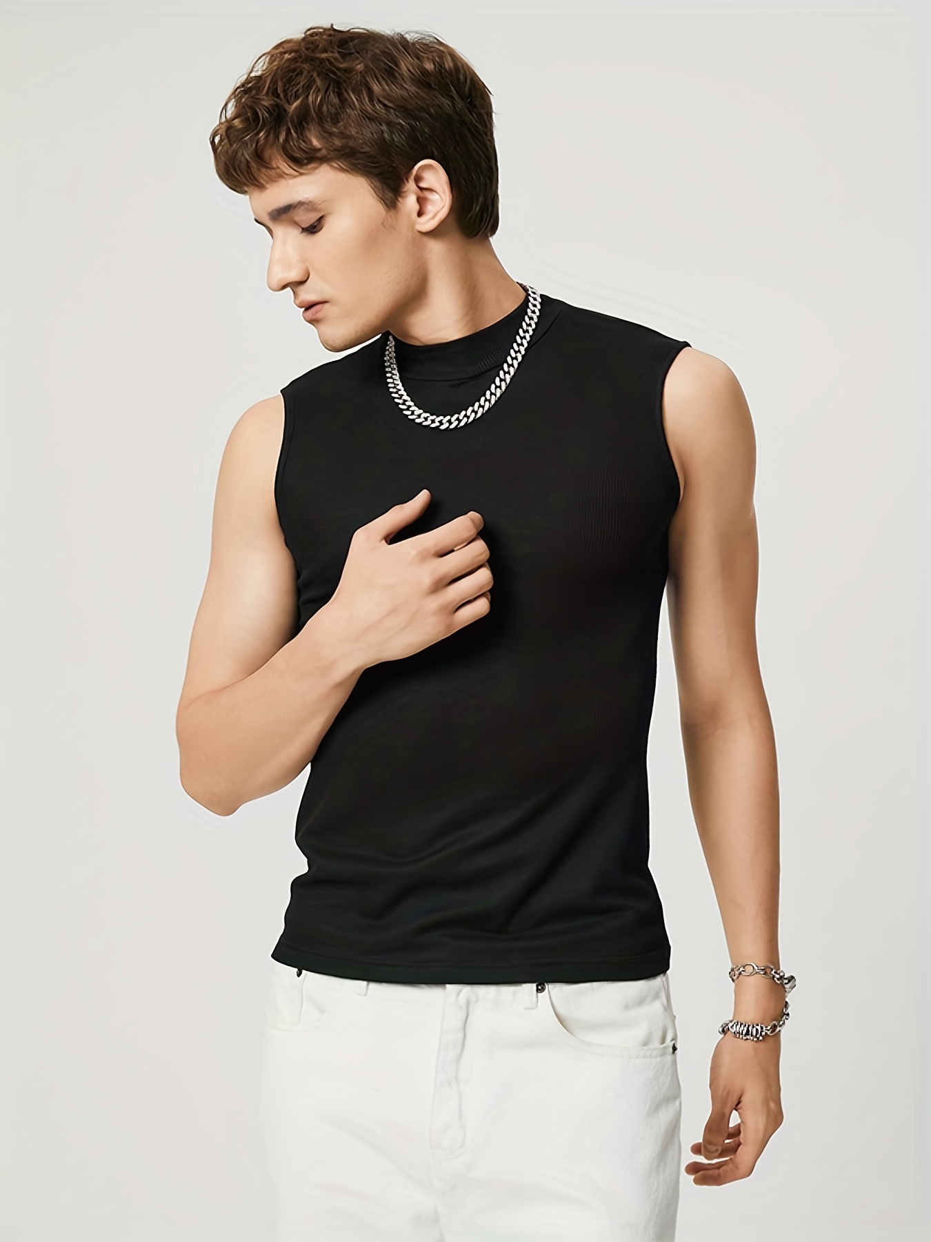 Sexy Stylish Slim Fit Tank Top, Men's Casual Street Style Turtleneck Comfy  Vest For Summer Party Night Club
