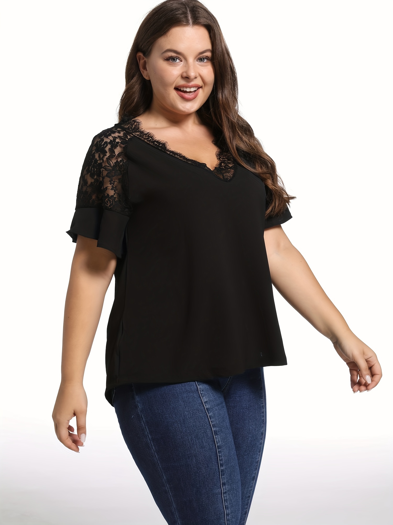 Plus Size Casual T shirt Women's Plus Contrast Lace Trim - Temu