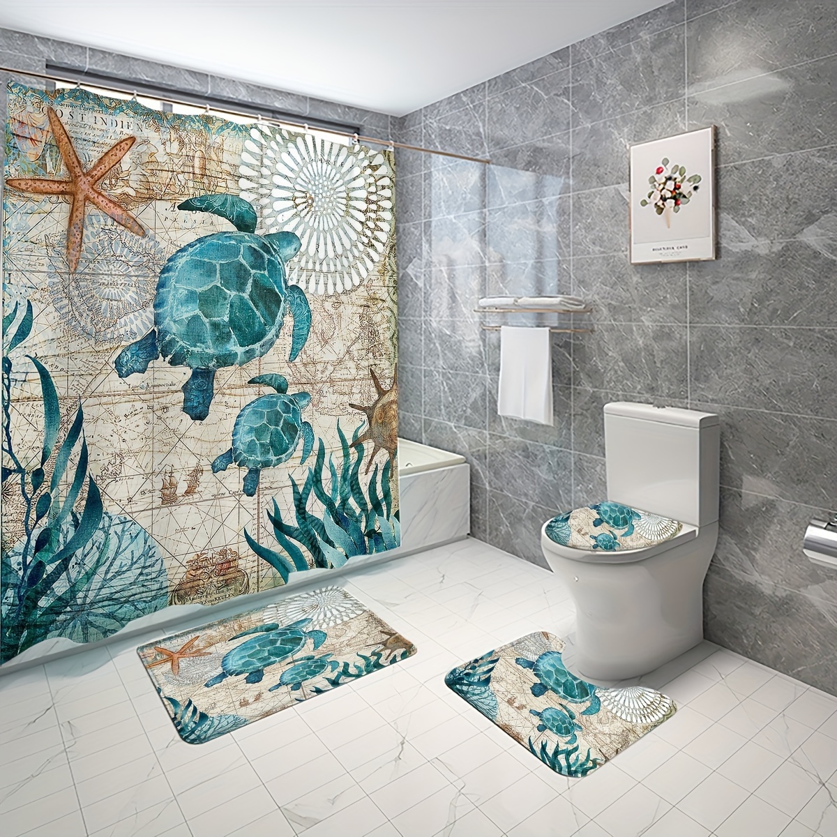 Shower Curtain Set Decorative Sea Turtle Pattern Bathroom - Temu