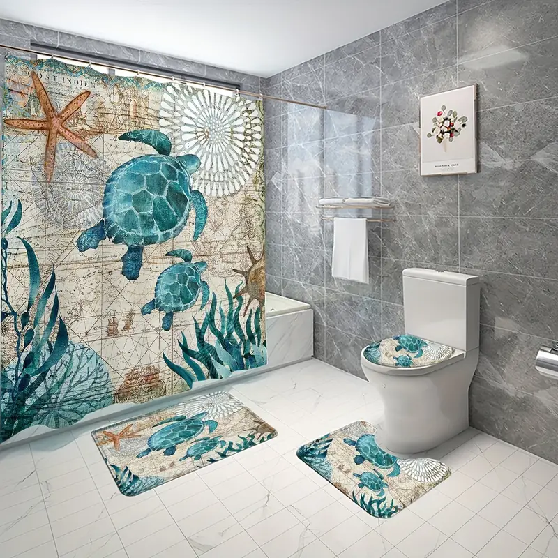 4pcs Sea Turtle Pattern Shower Curtain Set, Decorative Bathroom Set,  Bathroom Rug, U-Shape Mat, Toilet Lid Pad, Waterproof Curtain Including 12  Hooks