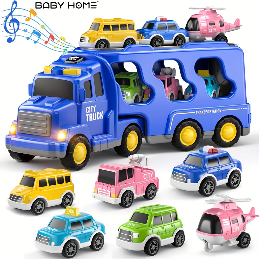 TEMI Juguetes para camiones para niños pequeños 7 en 1 Coches de transporte  para niños pequeños de 1 a 3 años, vehículos eléctricos de fricción para n