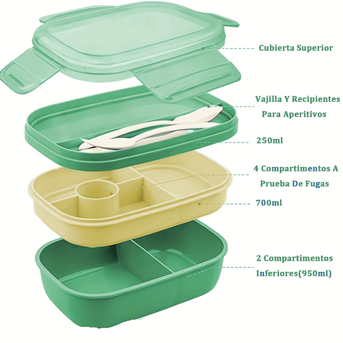 Bento Lunch Box, 2 Recipiente 4 Cubiertos, Tupper Compartimentos