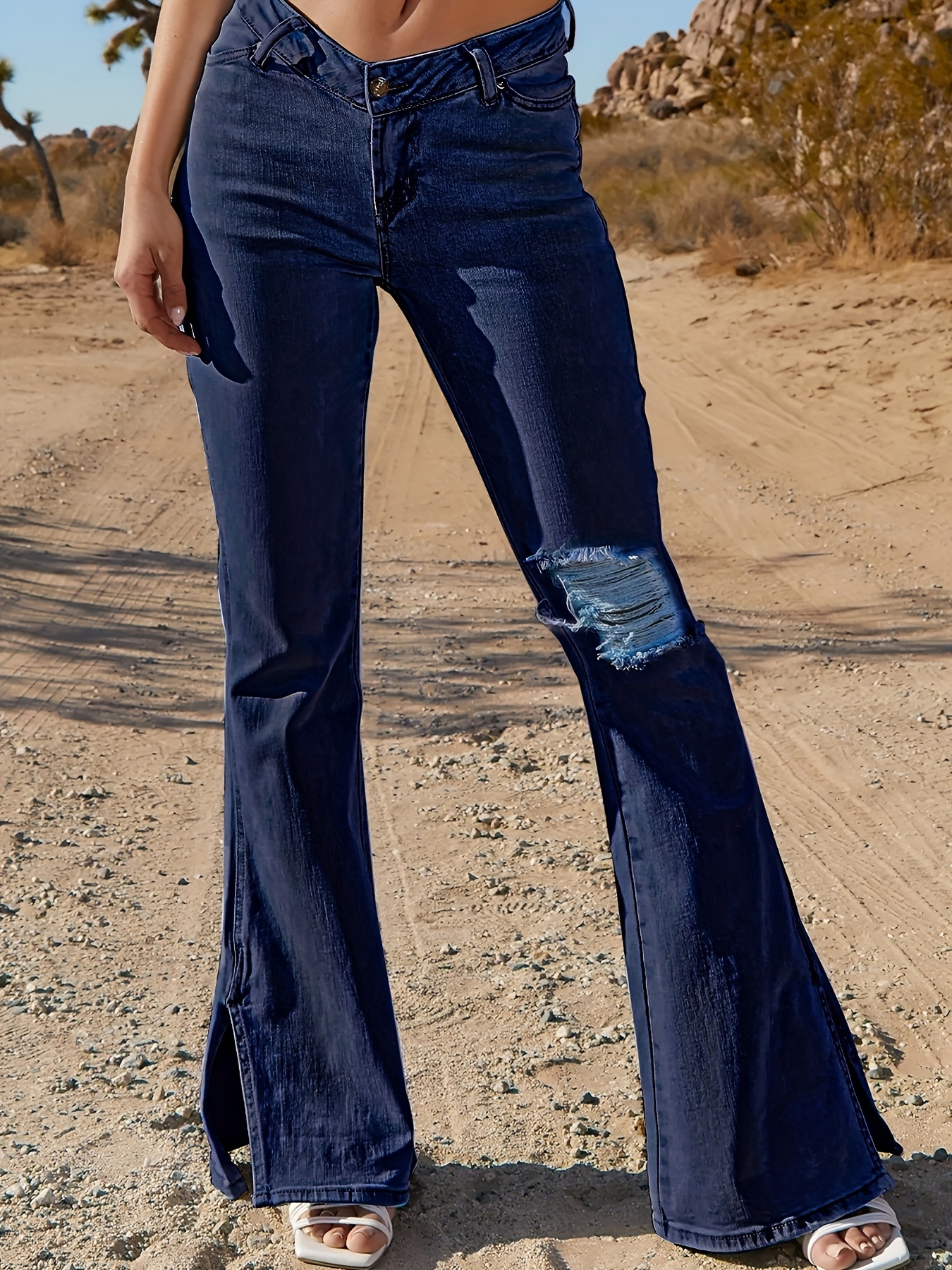 Dark Blue Split Flare Jeans Ripped Holes Slight Stretch - Temu Canada