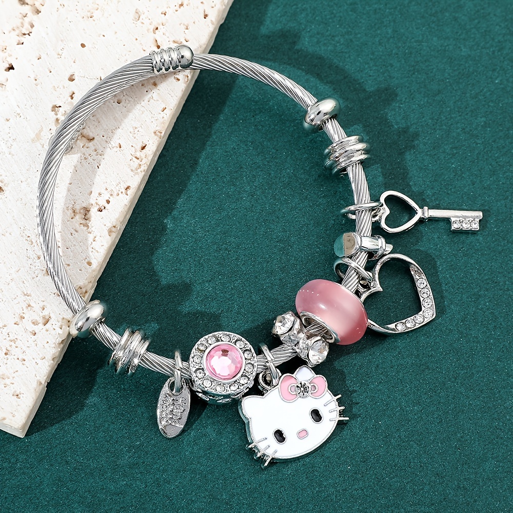 1pc Cute Hello Kitty Bracelet, Anime Cute Kitty White Beads Pendant DIY Bracelet Bangle, Trendy Jewelry, Jewels Accessories for Teen Girls,Temu
