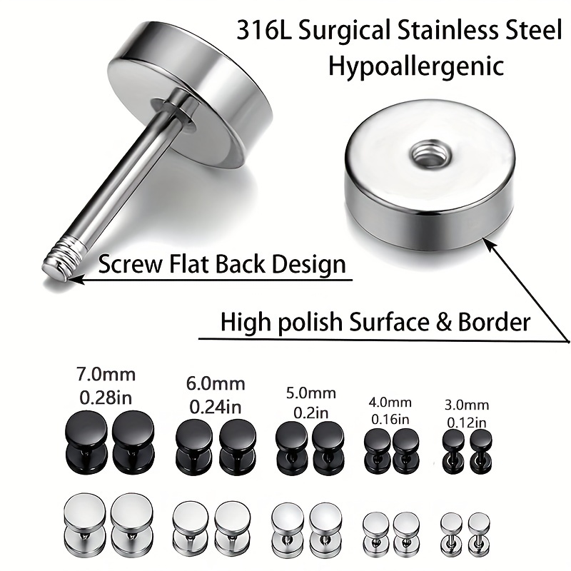 10Pairs Men's 316L Surgical Steel Earring Screw Stud Earrings Hypoallergenic Titanium Ear Piercing Studs for Women,Temu