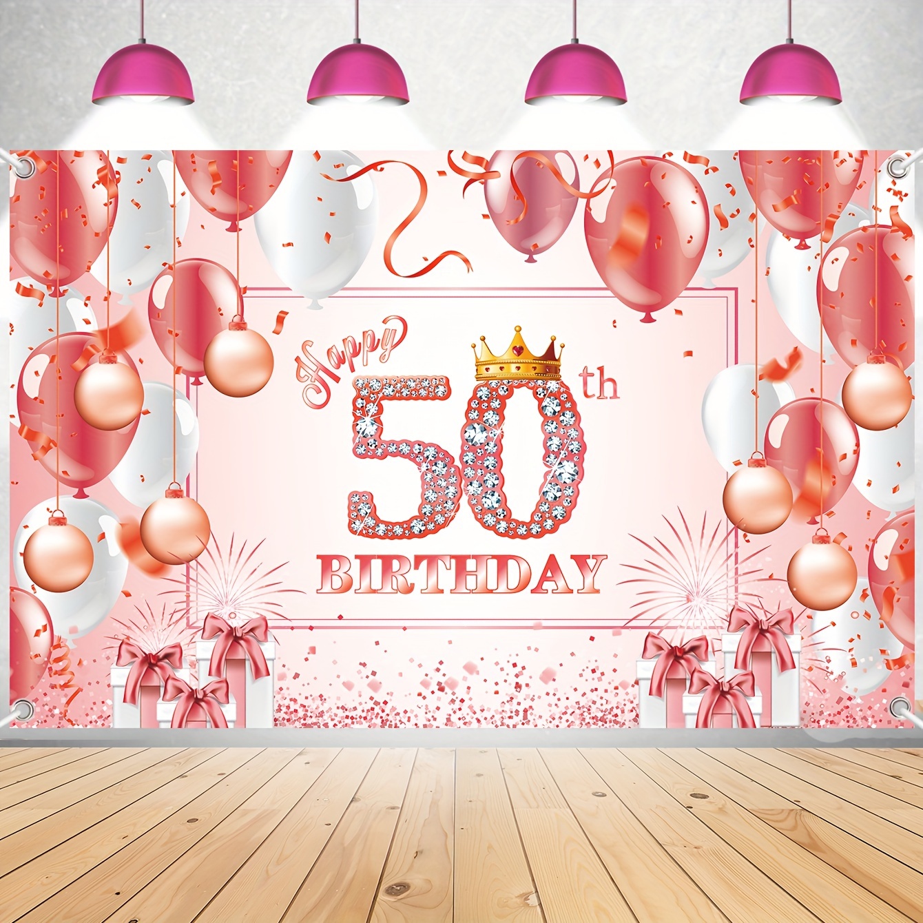 50th Birthday Decorations Backdrop Banner for Women , Purple Gold