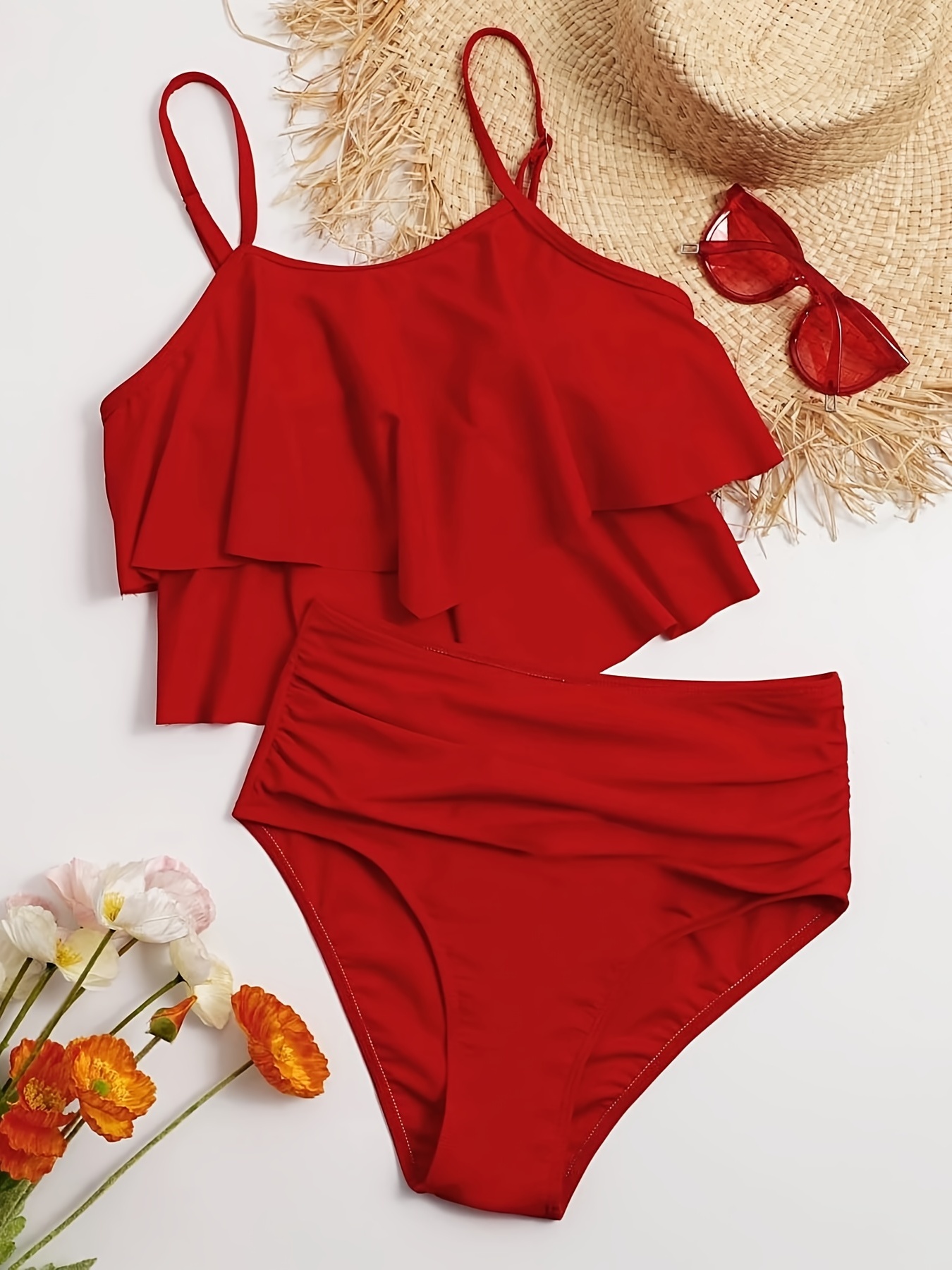 Layer Ruffle Solid Red High Waist Tankini Ruched Tummy - Temu Sweden