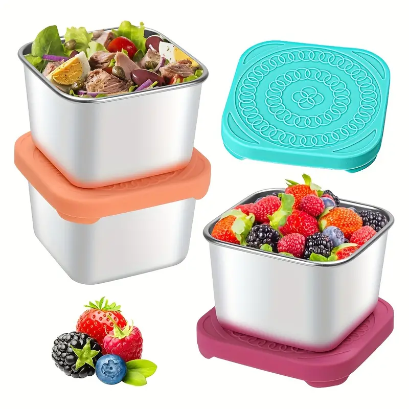 3pcs 6oz Stainless Steel Snack Box, Small Metal Food Storage Box With  Silicone Lid, Leakproof Snack Lunch Box For Teenagers And Workers At  School, Can
