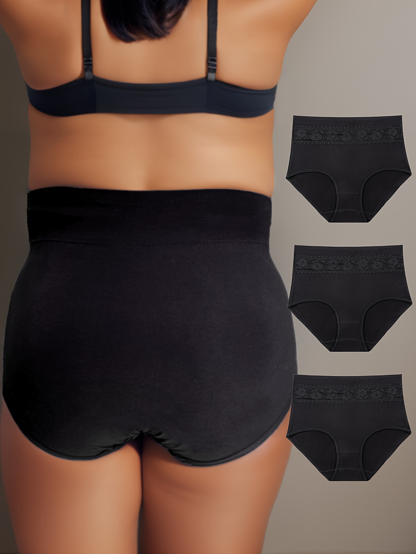 3 Pack Plus Size Simple Panties Set, Women's Plus Contrast Lace High  Waisted Seamless Medium Stretch Panties 3pcs Set