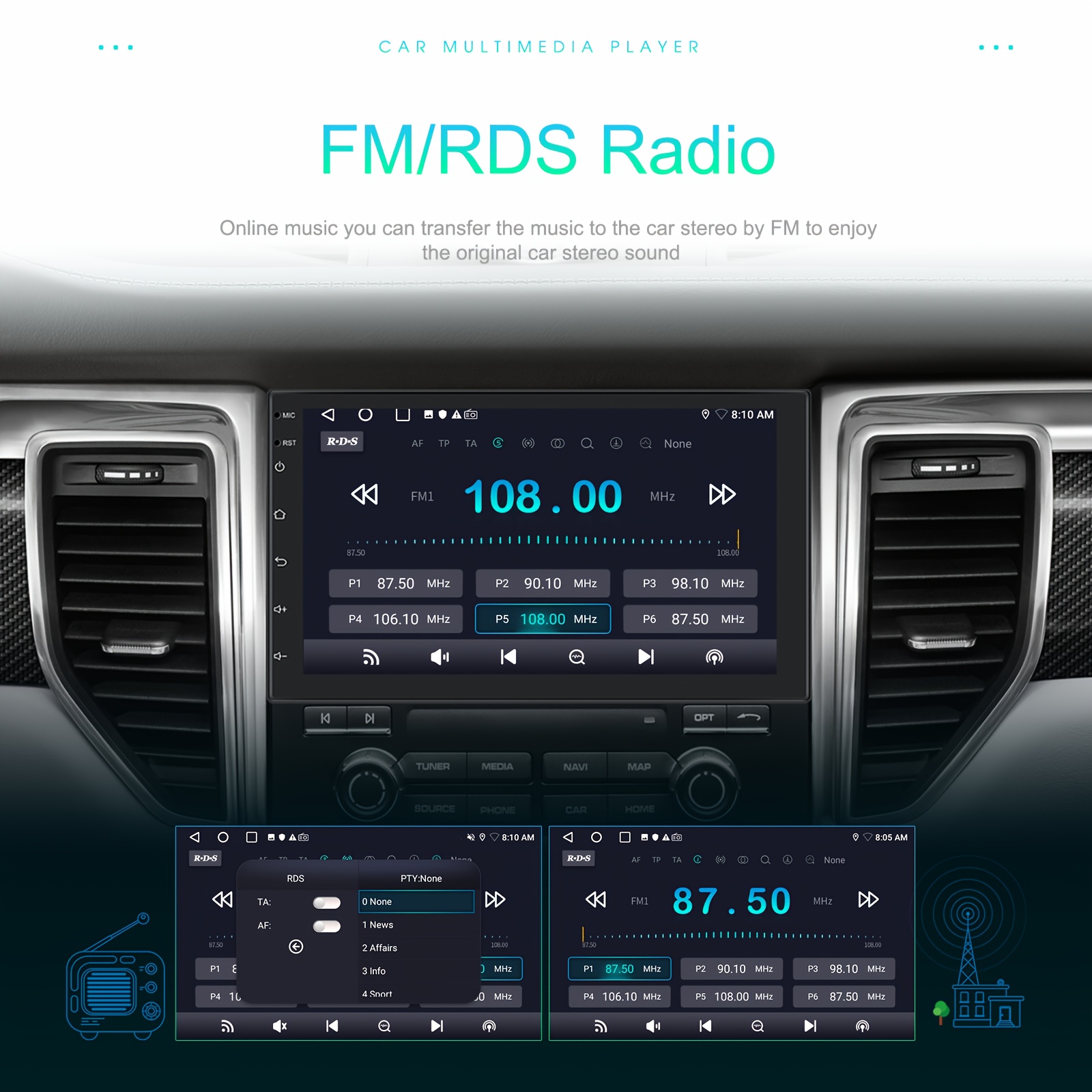 2G+64G Android doble DIN estéreo de coche inalámbrico Apple CarPlay y  Android Auto, 7 pulgadas HD pantalla táctil sistema de audio para coche con