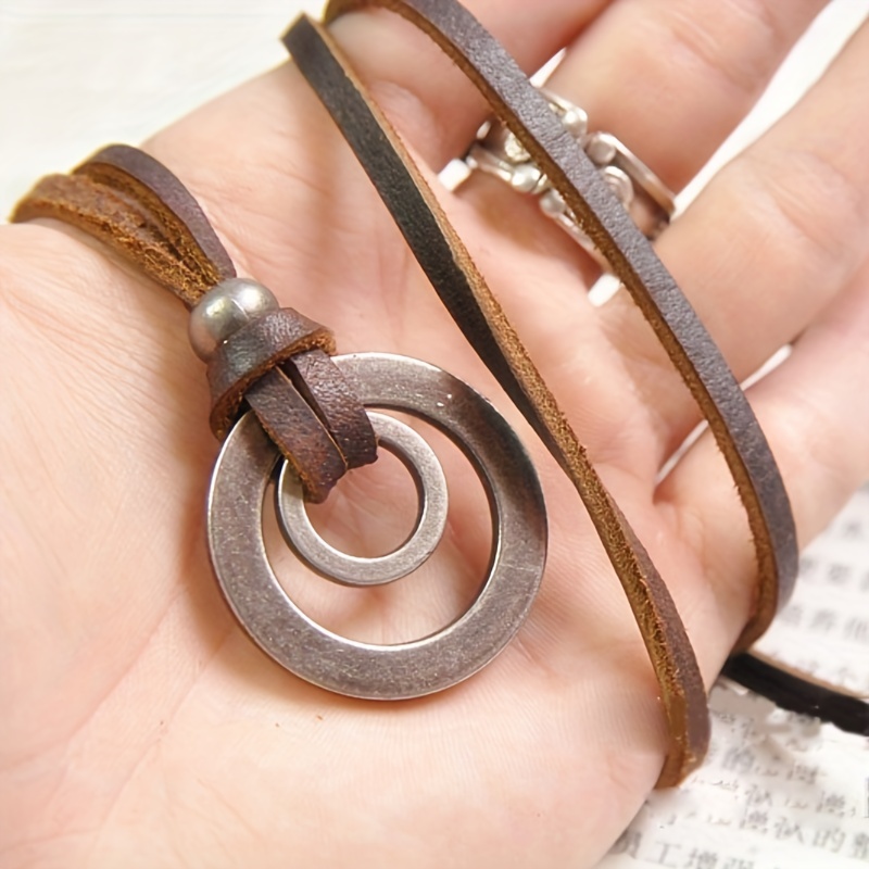 

Necklaces For Men, Fashion Jewelry For Men Retro Faux Leather Cord Double Circle Ring Pendant Necklace Exquisite Gifts