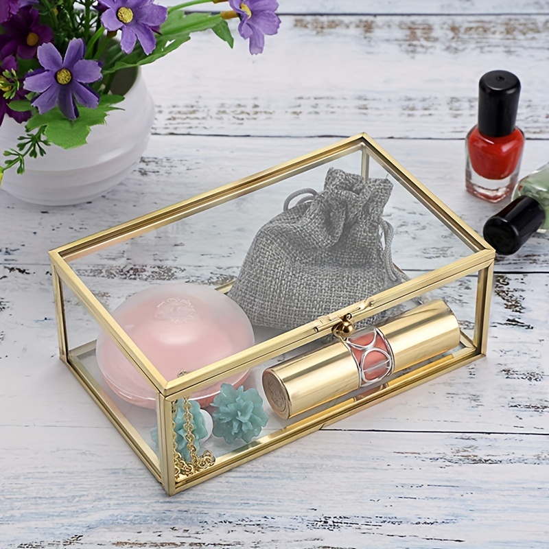 Caja decorativa cuadrada dorada de latón y vidrio transparente vintage para  decoración del hogar, pequeña caja organizadora de joyas con tapa de