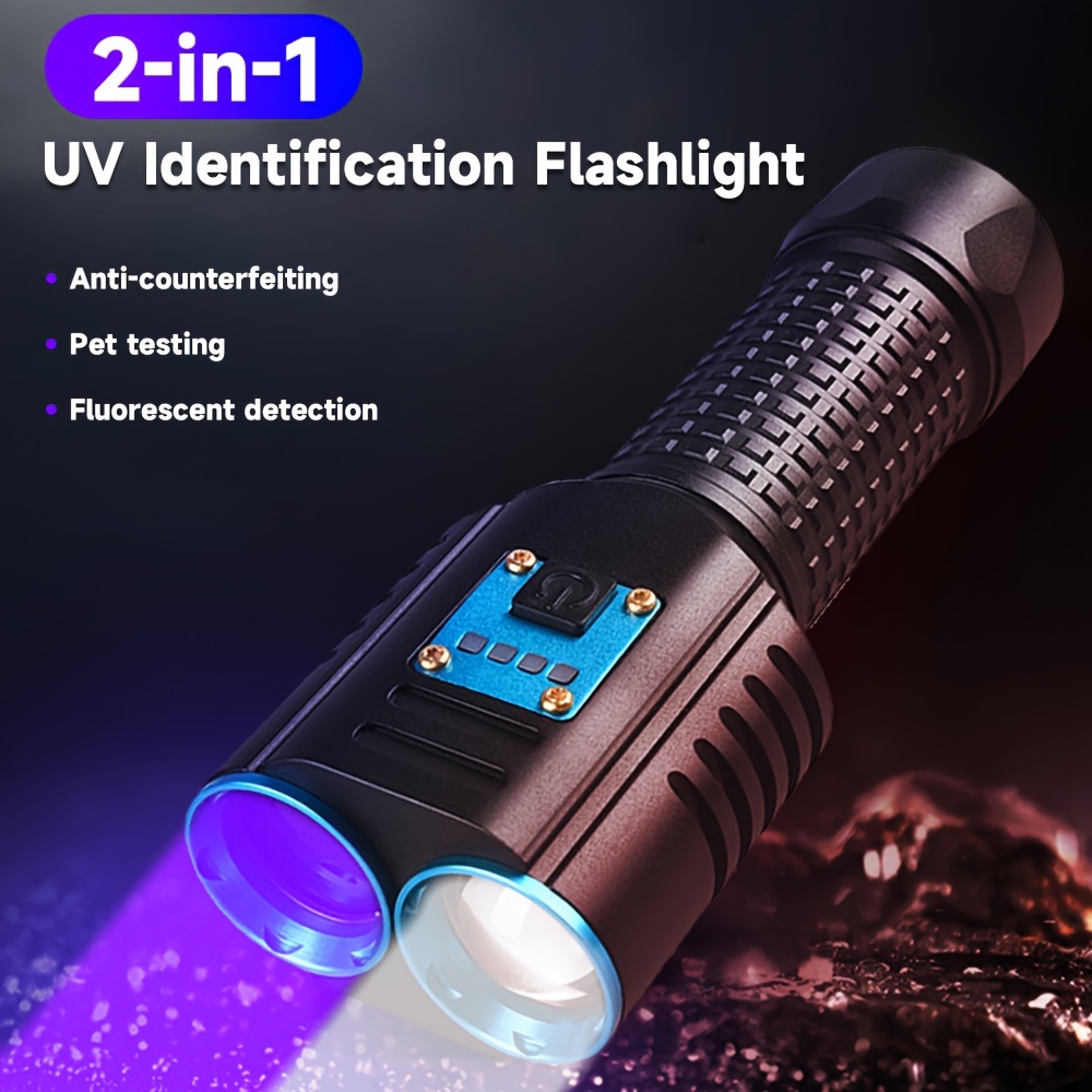 1pc UV White Light 2 In 1 Flashlight 365nm Blacklight Rechargeable USB,  Ultraviolet Black Light LED Portable, Detector For Pet Cat Urine, Stains,  Resin Curing * Glass