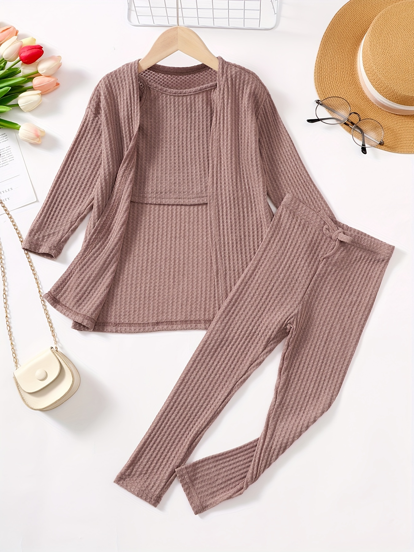 3pcs solid cardigan coat shop with top and pants