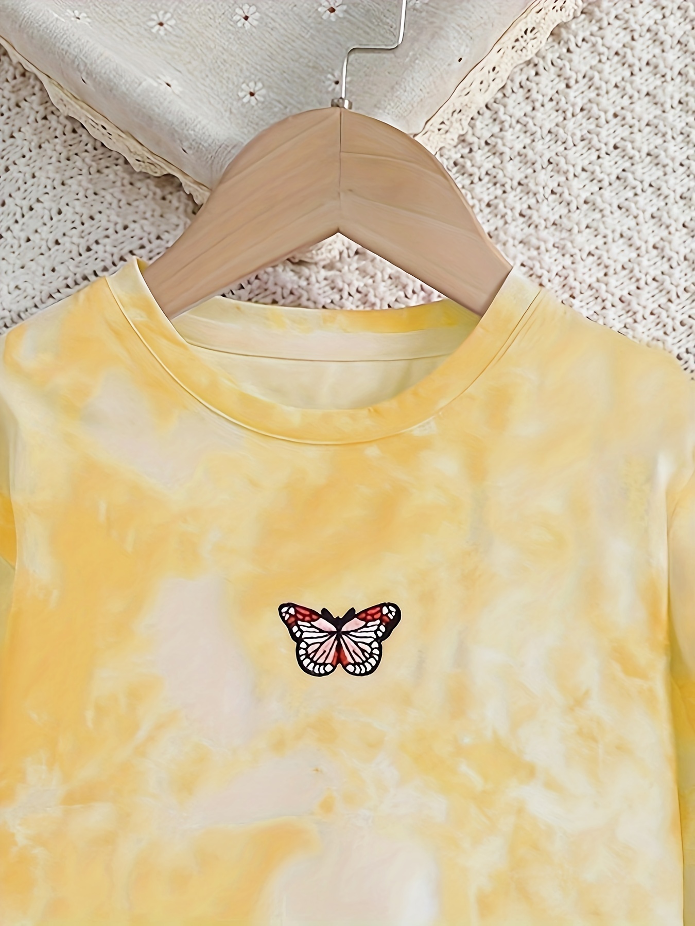 Toddler Girls Butterfly Embroidery Tie Dye Top Long Sleeve Tee