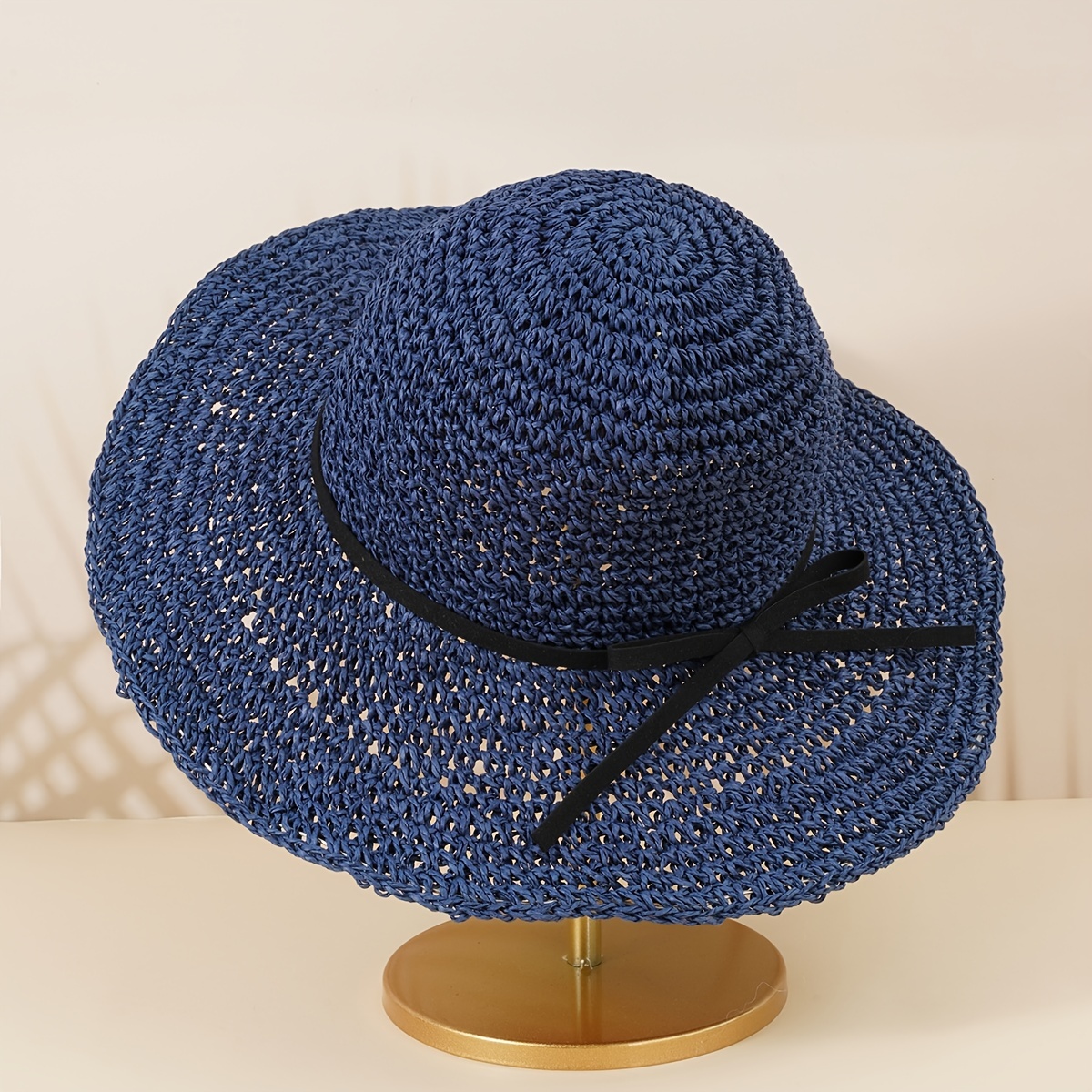 Boho Straw Hat with Thin Bow Tie for Beach Travel