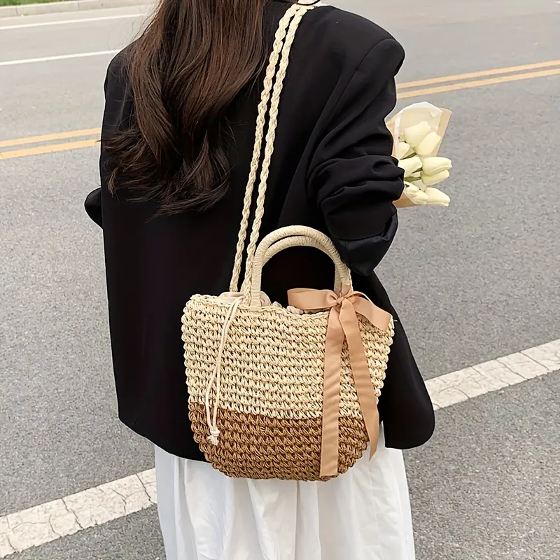Straw Woven Box Bag Fashion Shoulder Bag Crossbody Bag Beach Vacation Style  Square Bag