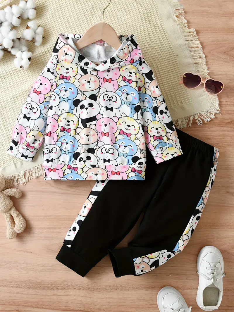 girls panda bear print outfit 2pcs hoodie sweatpants set toddler kids clothes for spring fall details 1