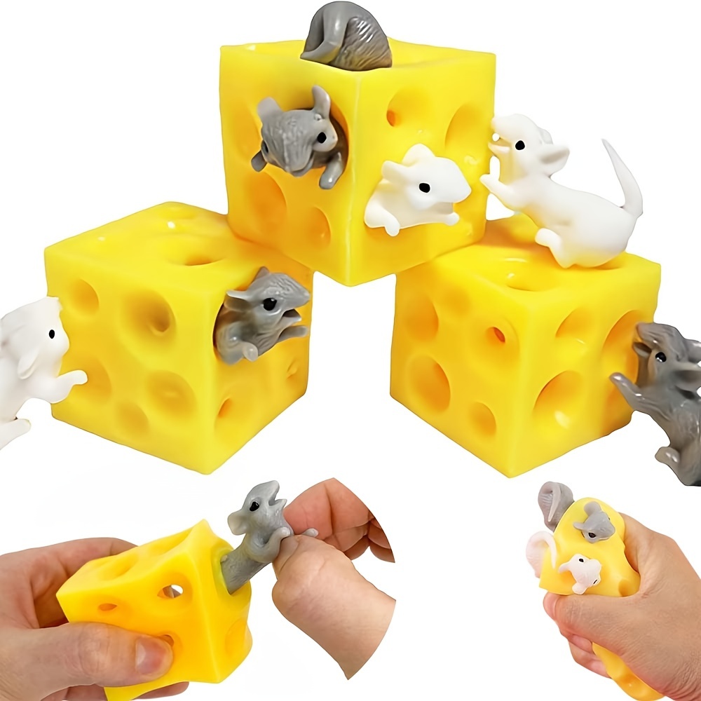 

3pcs Squeeze Cheese Fidget Toys Rubber Simulated Cheese With 2 Mini Mice Stress Anxiety Sensory Relief Toy Kids Adults Gift Party Favor Desk Decoration