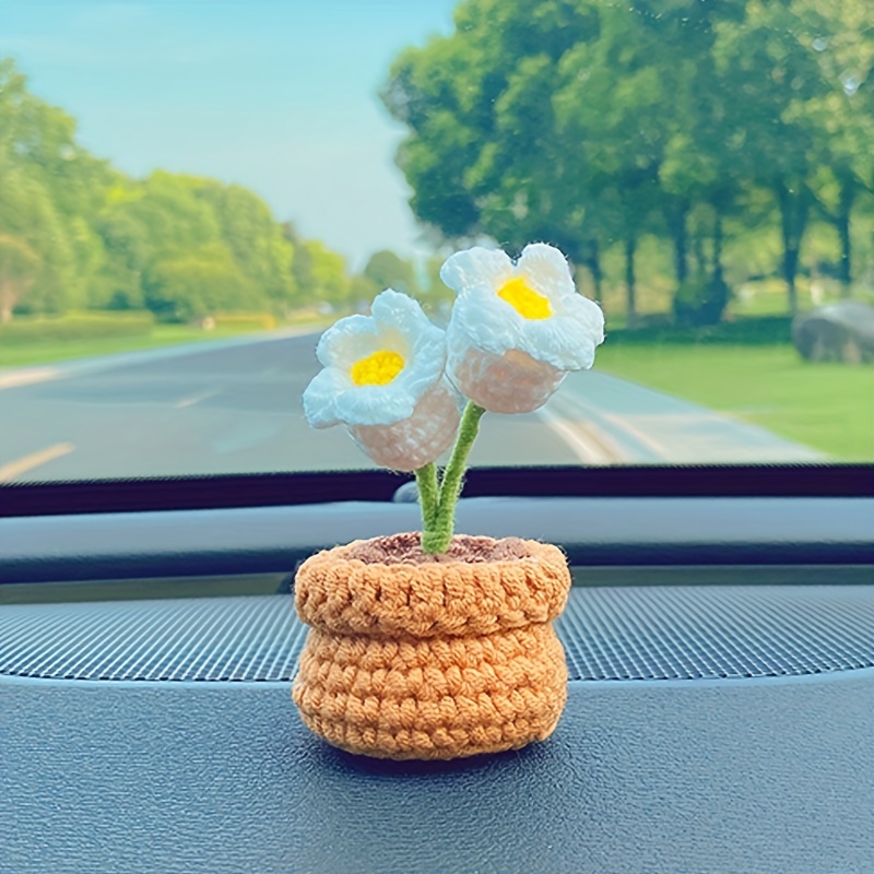 Surakey Auto Häkeln Blumen Korb Ornament Handgemachte Gestrickte Wolle  Blumen Topfpflanzen Korb Auto Armaturenbrett Innenraum Zubehör Dash Tisch