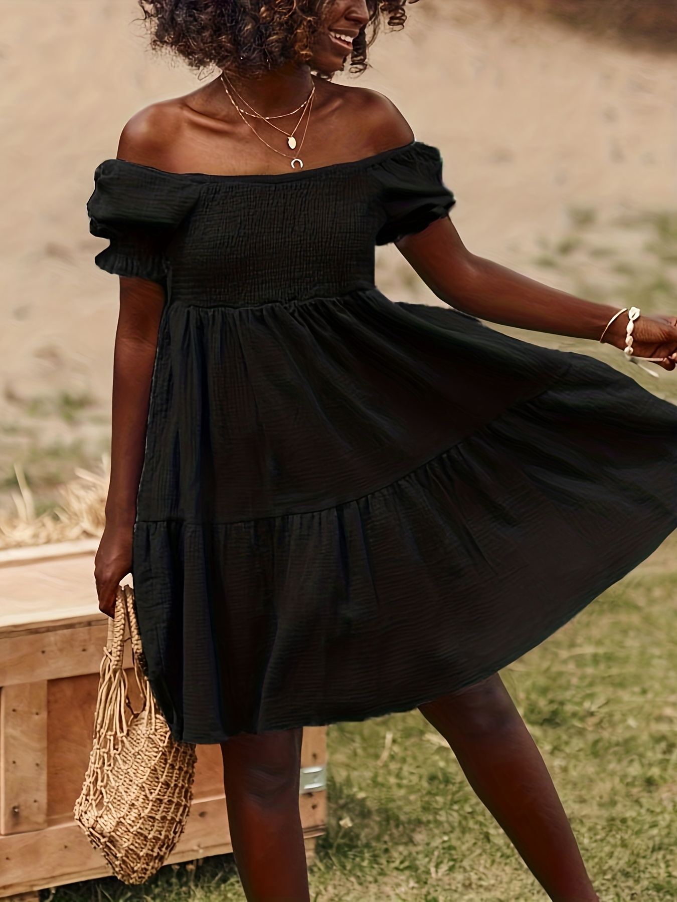 Black off the top shoulder dress casual