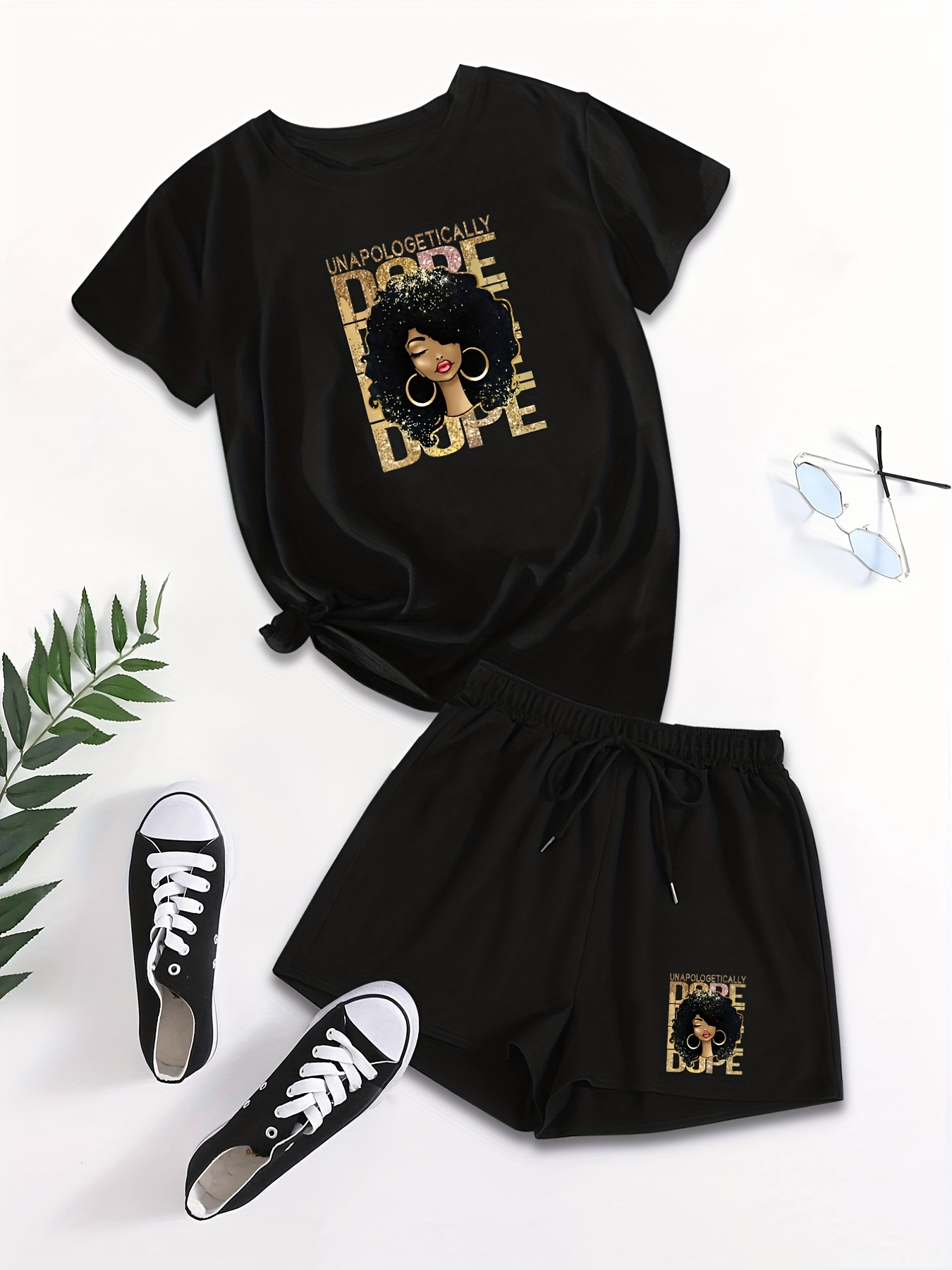 Graphic & Letter Print Casual Short Sleeve T-shirt & Drawstring Waist Set