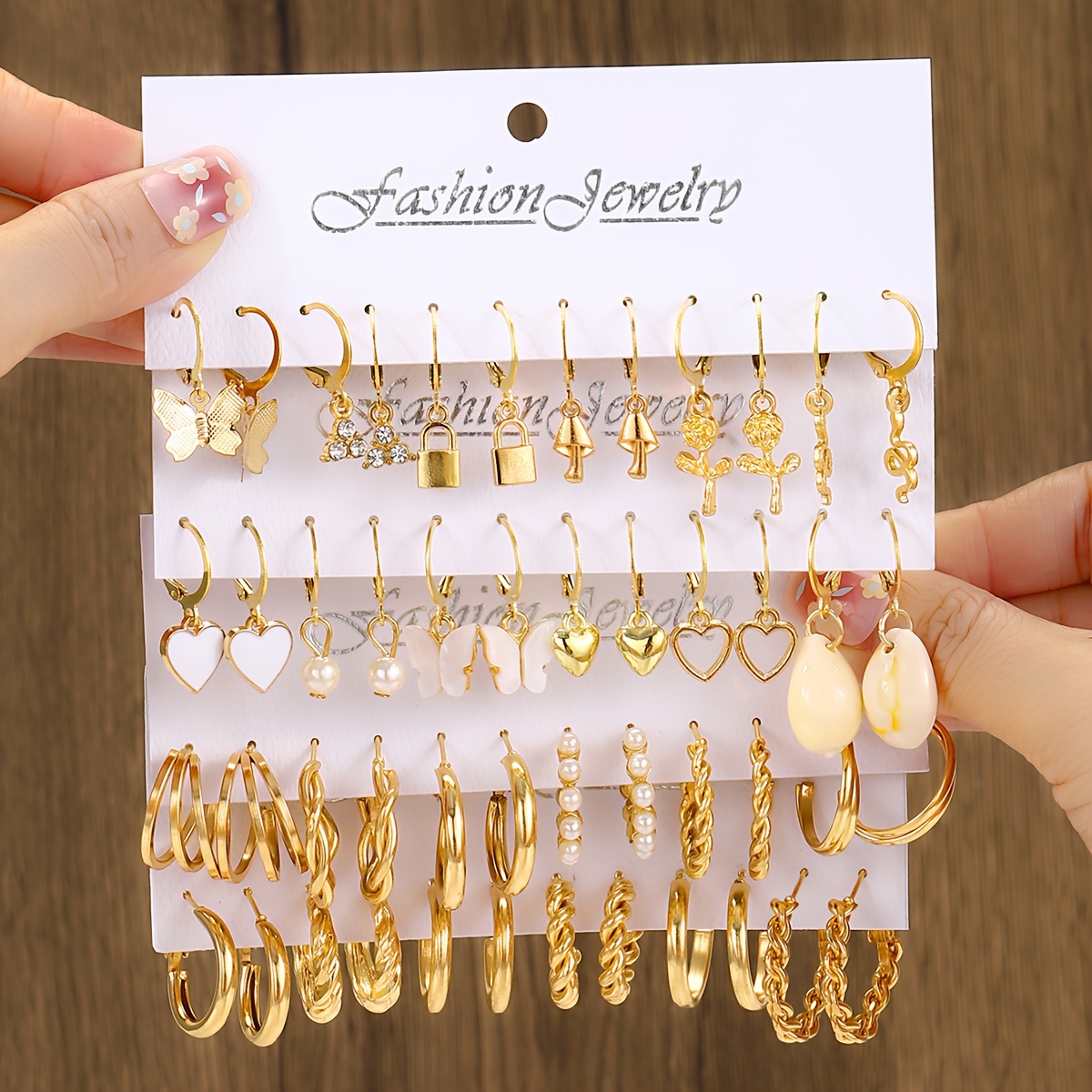 

24 Pairs Set Of Tiny Delicate Hoop Earrings With Butterfly Shell Imitation Pearl Design Zinc Alloy Jewelry Big Set Gift For Women