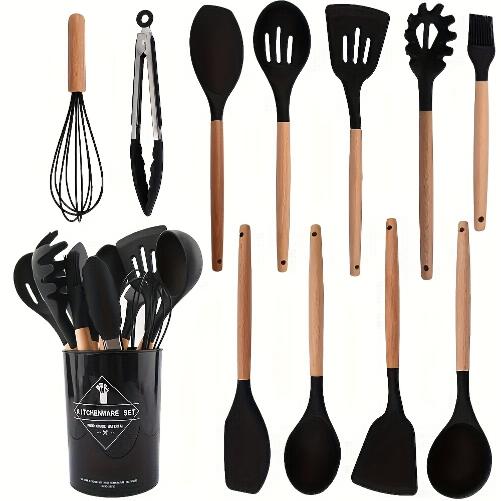 Kitchen Utensil Set, Nonstick Silicone with Wooden Handle and Utensil  Holder for Nonstick Cookware, Heat Resistant Silicone, Kitchen Gadgets,  Kitchen