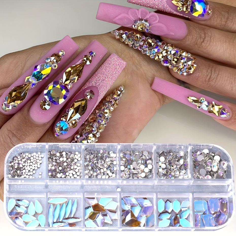 12 Grids Multi Sizes Clear Crystal AB Nail Rhinestones Set DIY Nail Art  Decoration Diamonds with Tools Nails Accessories