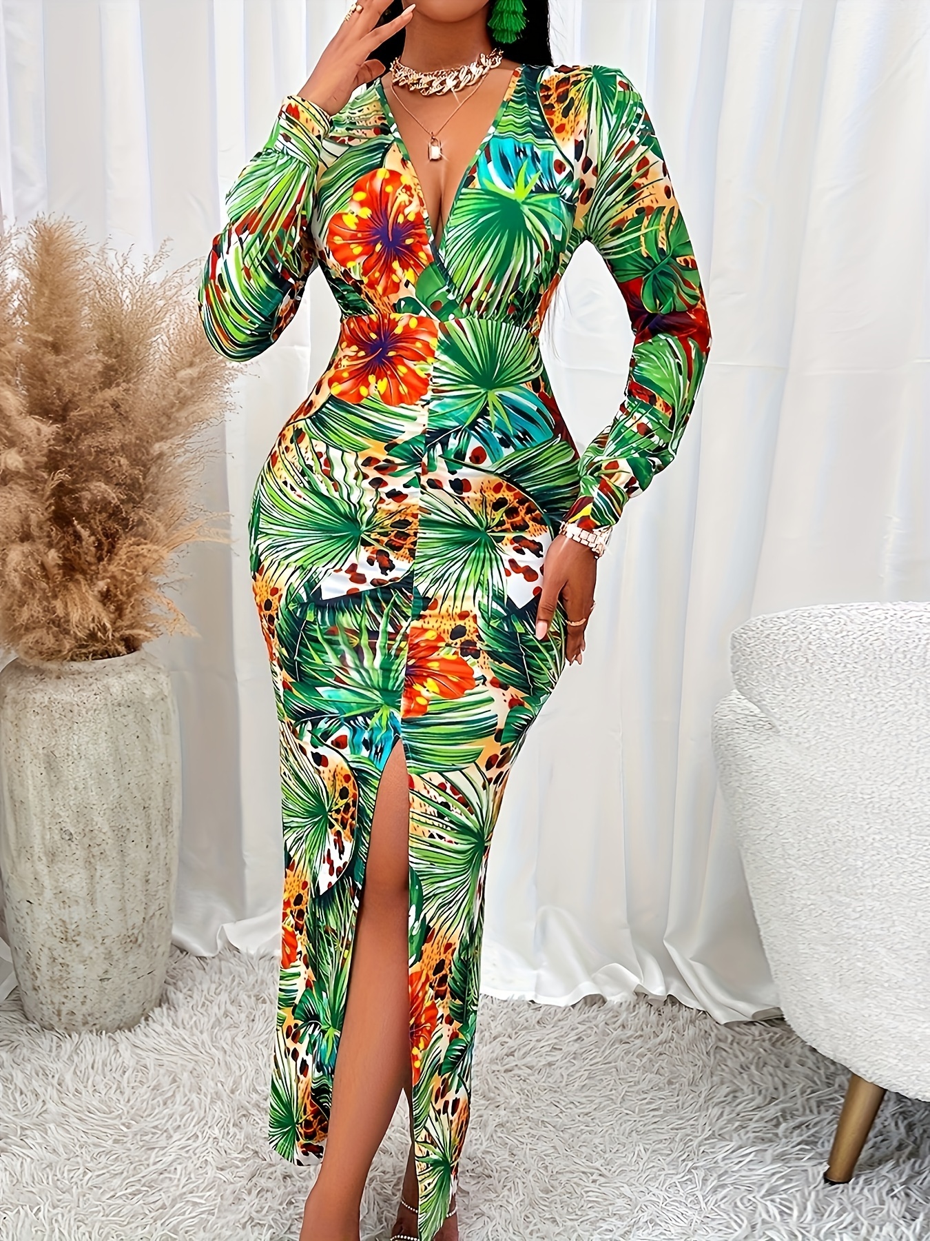 Tropical Print V neck Split Dress Versatile Long Sleeve - Temu