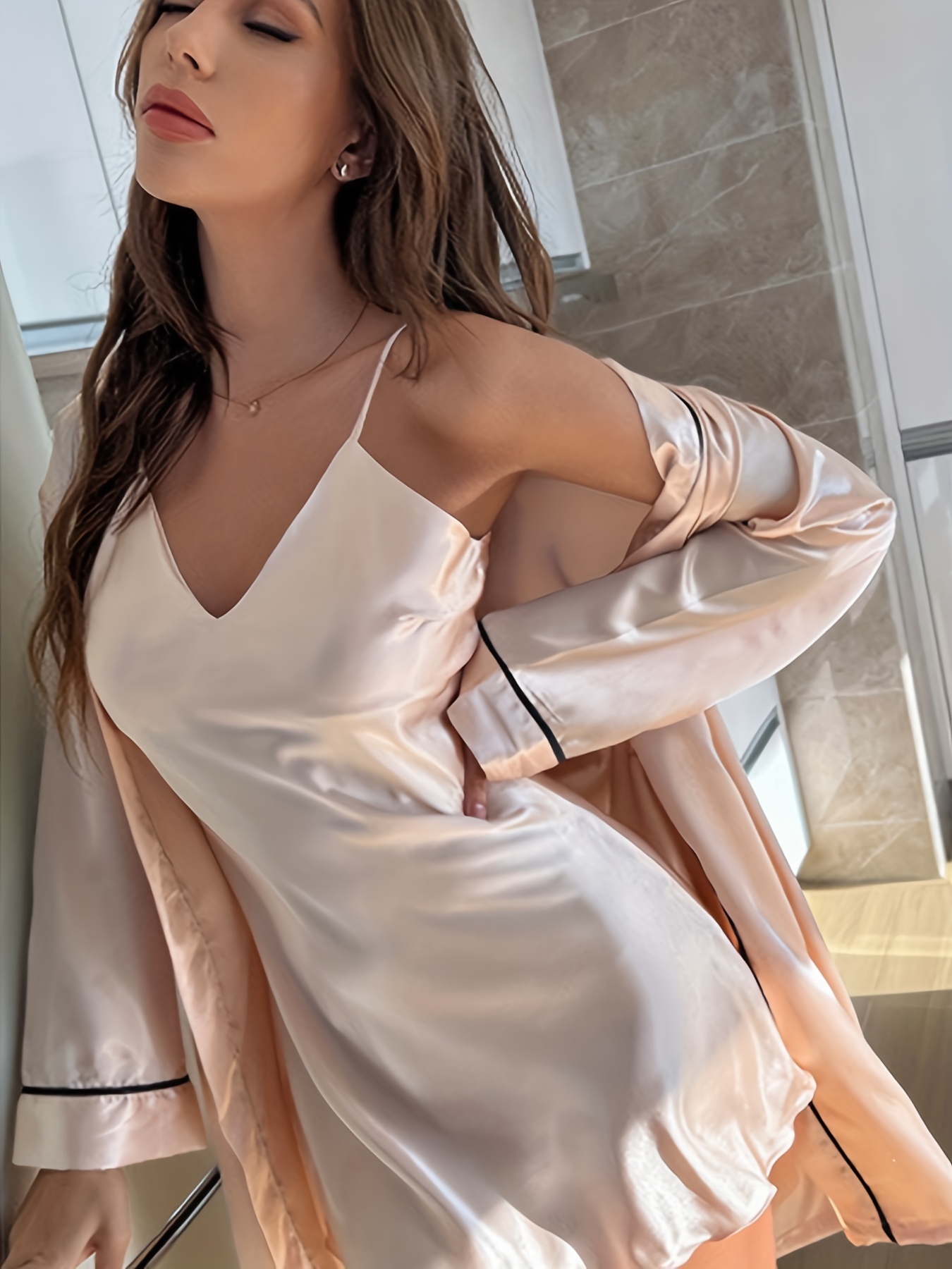 Elegant Solid Satin Pajama Set, Lace Trim Long Sleeve Open Front Robe & V  Neck Slip Dress, Women's Sleepwear & Loungewear