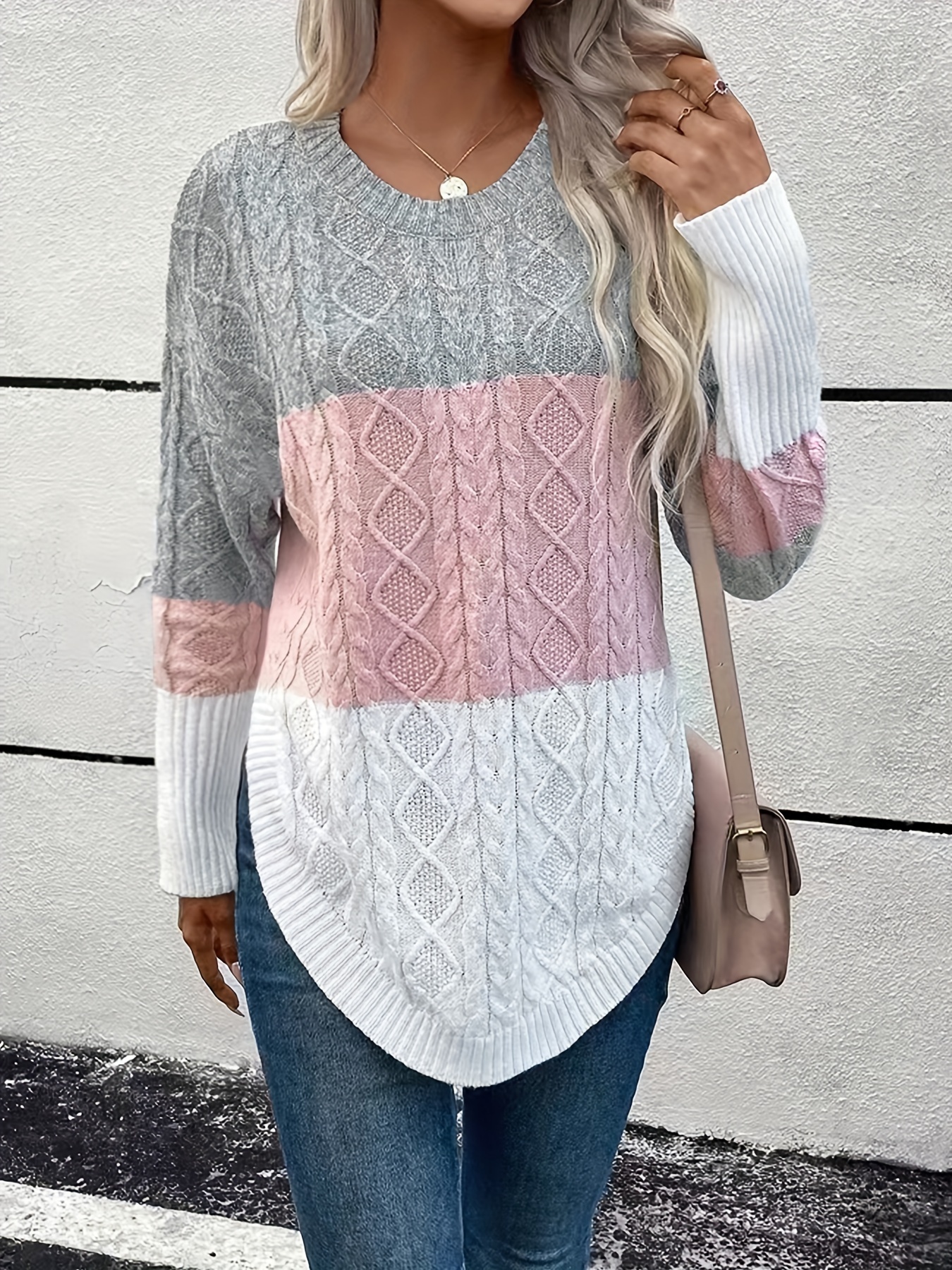Color Block Crew Neck Cable Knit Sweater, Casual Arc Hem Long Sleeve  Pullover Sweater, Women's Clothing