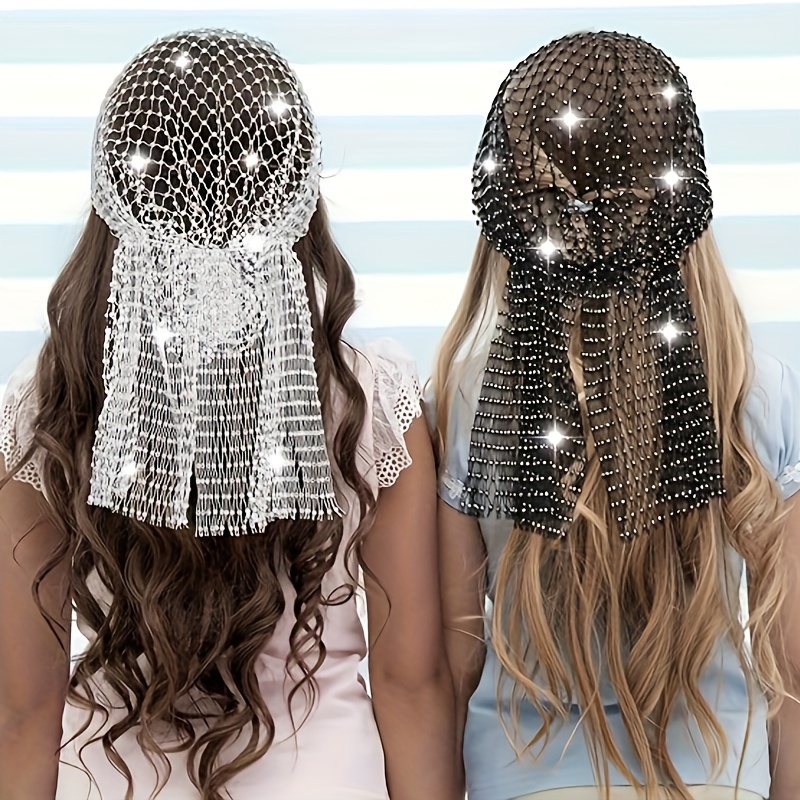2pcs Sparkly Mesh Headbands Stretchy Wide Head Scarf Headwrap for  Women, Black White Glitter Grid Design, Versatile Hair Accessory fo
