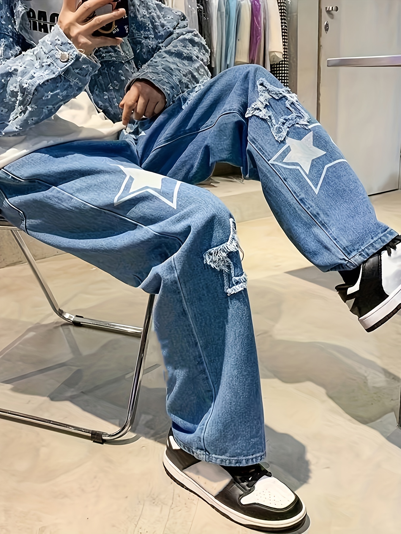 Y2k Distressed Star Pattern Jeans, Men's Halloween Casual Street Style  Loose Fit Denim Pants For The Four Seasons