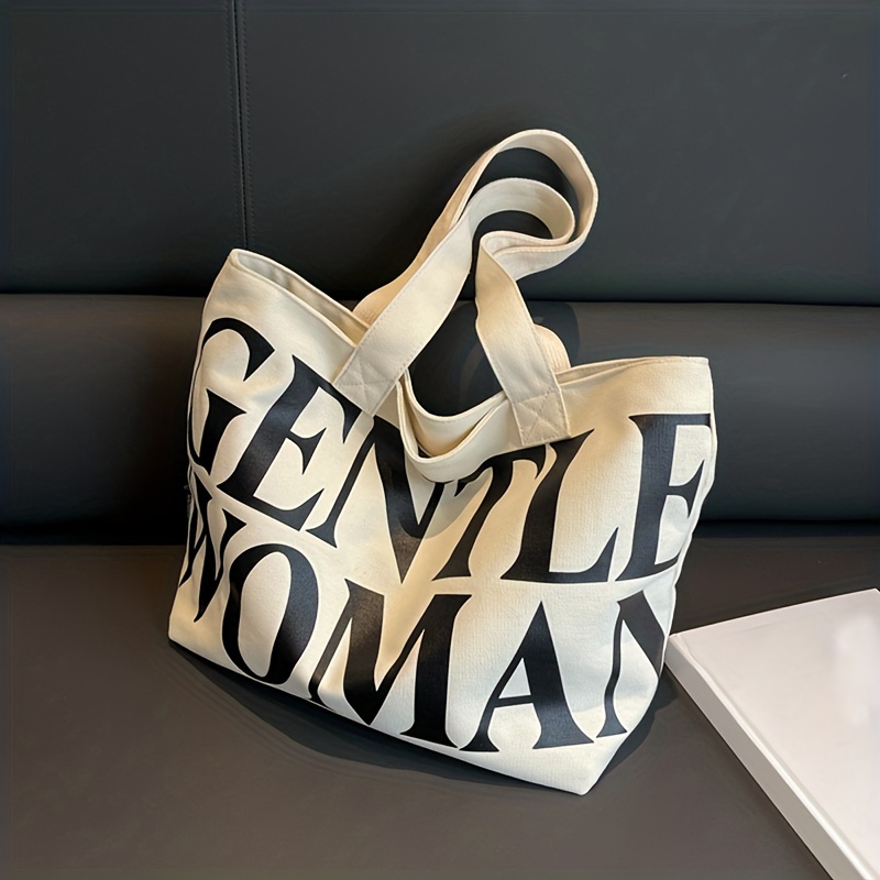 Simple Canvas Letter Print Zipper Tote Bag, Large Capacity Handbag - Temu