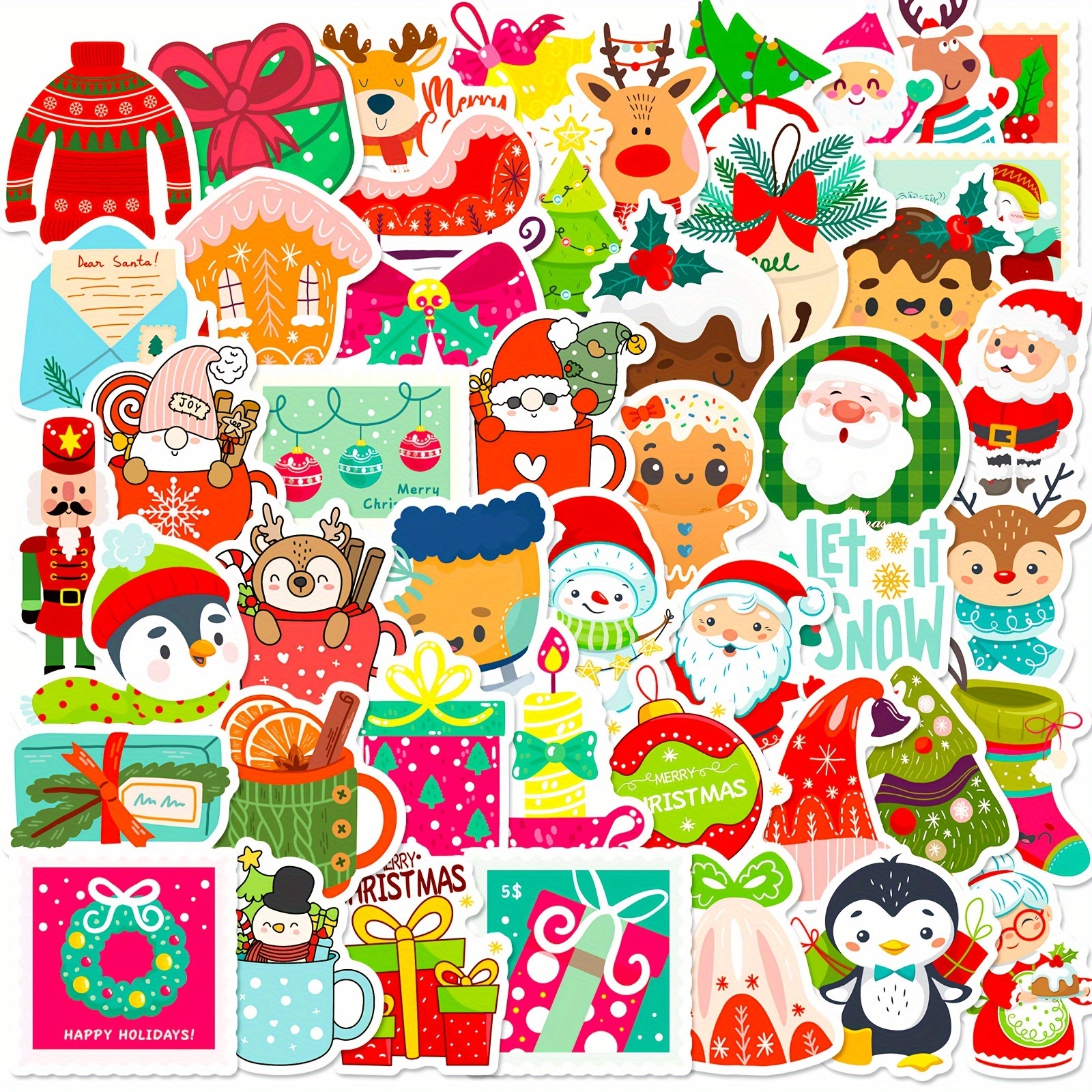 50Pcs Christmas Stickers for Kids, Cute Santa Vinyl Water Bottle Skateboard  Laptop Decals Pack(Christmas)