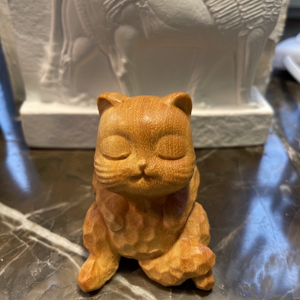 Boxwood Carving Cat Figurine Cute Simple Arrogant Wealthy - Temu