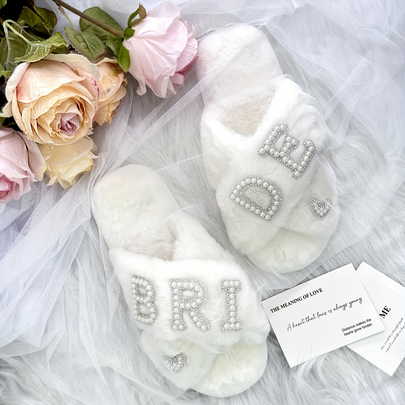 

Rhinestone & Faux Pearl Letter Decor Slippers, Soft Sole Lightweight Plush Lined Heart Shoes, Non-slip Valentine's Day Shoes