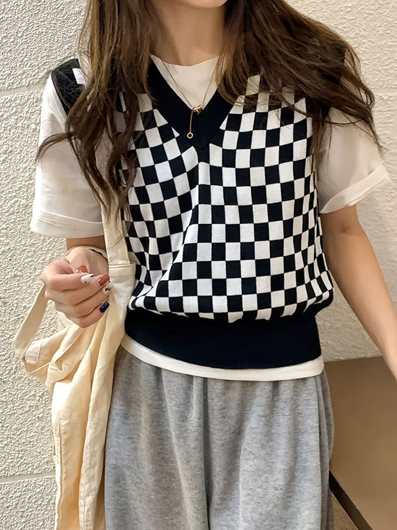 Checkerboard V-neck Knit Sweater Vests, Vintage Gingham Color Block  Sleeveless Fall Winter Knit Sweater Vest, Women's Clothing - Temu