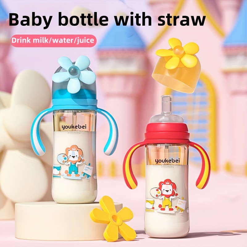 Biberón de alimentación de bebé, chupete de silicona suave, asas de paja,  botella de agua de leche infantil a prueba de fugas, 240ml
