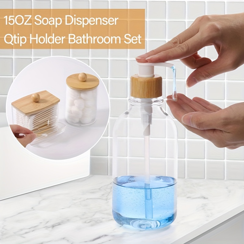 4pcs Bamboo Bathroom Accessories Soap Dispenser, Cotton Swab Holder Jars,  Toothbrush Holder, Boho Bathroom Decor Storage Box, Aesthetic Room Decor, Ho